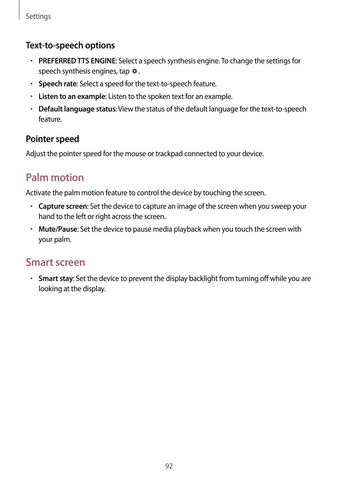 Samsung SM-T230NYKCBMW, SM-T230NYKABMW manual Palm motion, Smart screen, Text-to-speech options, Pointer speed 