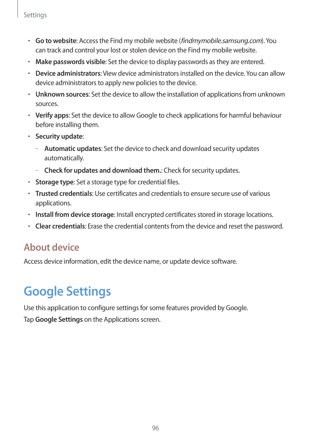 Samsung SM-T230NYKCBMW, SM-T230NYKABMW manual Google Settings, About device, Security update 