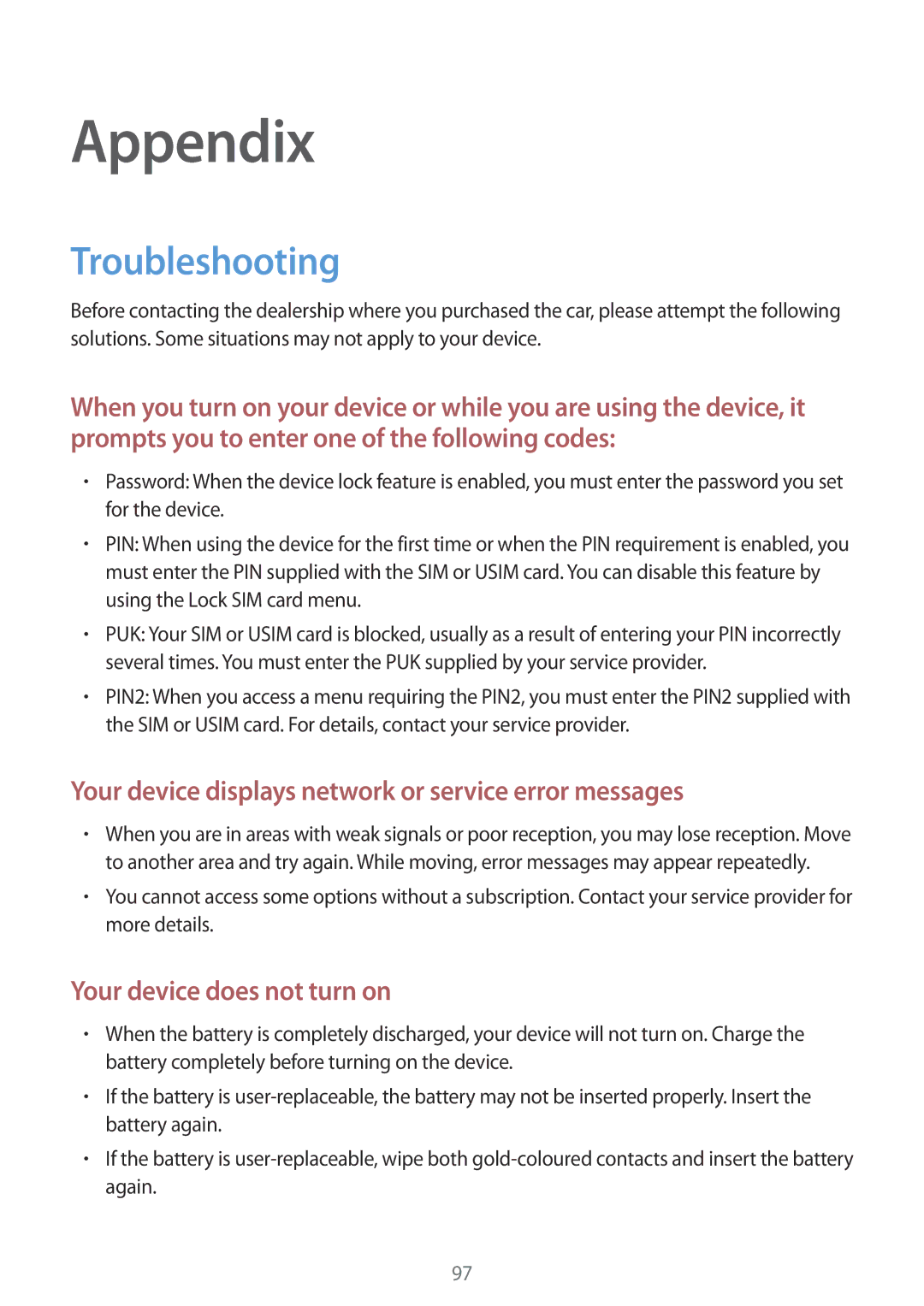 Samsung SM-T230NYKABMW, SM-T230NYKCBMW manual Appendix, Troubleshooting 