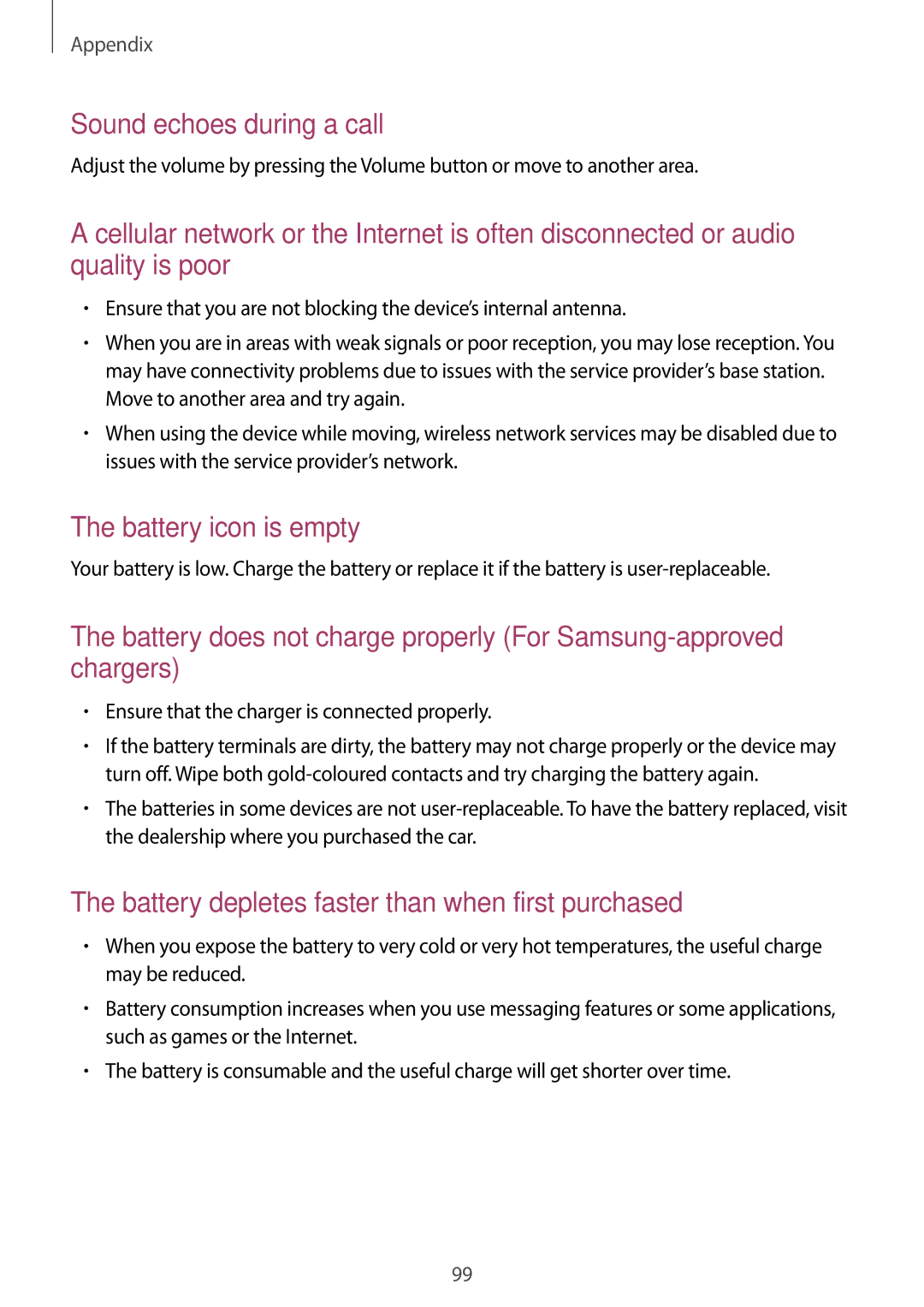 Samsung SM-T230NYKABMW, SM-T230NYKCBMW manual Sound echoes during a call 