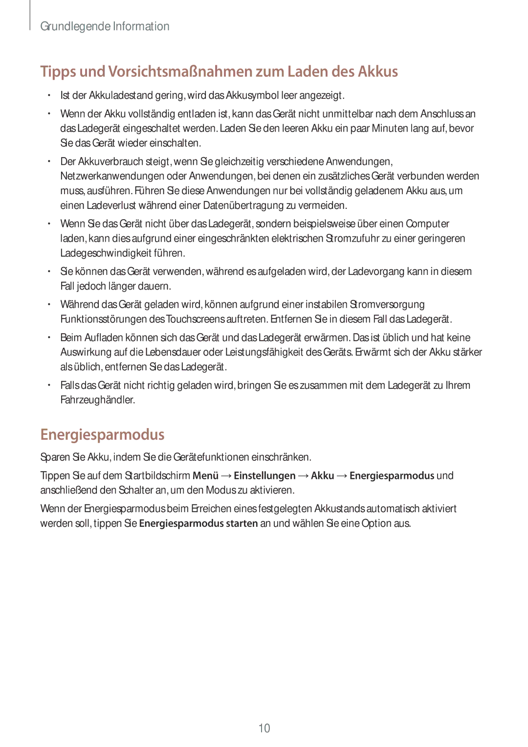 Samsung SM-T230NZKWBMW, SM-T230NZKIBMW manual Tipps und Vorsichtsmaßnahmen zum Laden des Akkus, Energiesparmodus 