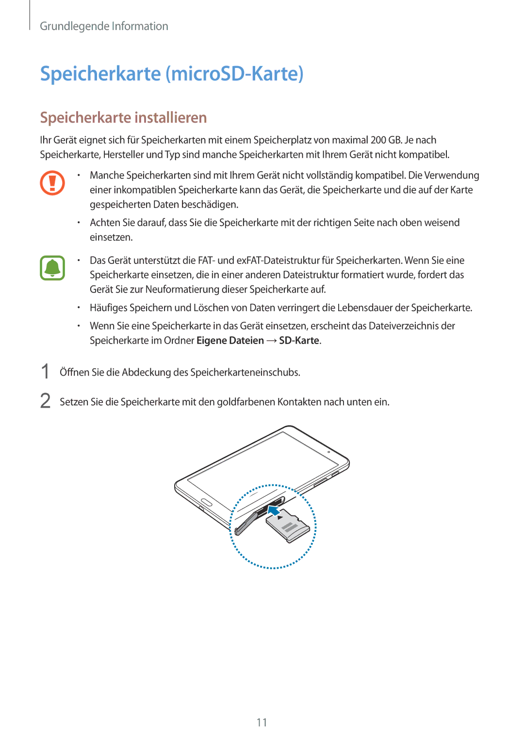 Samsung SM-T230NZKIBMW, SM-T230NZKWBMW manual Speicherkarte microSD-Karte, Speicherkarte installieren 