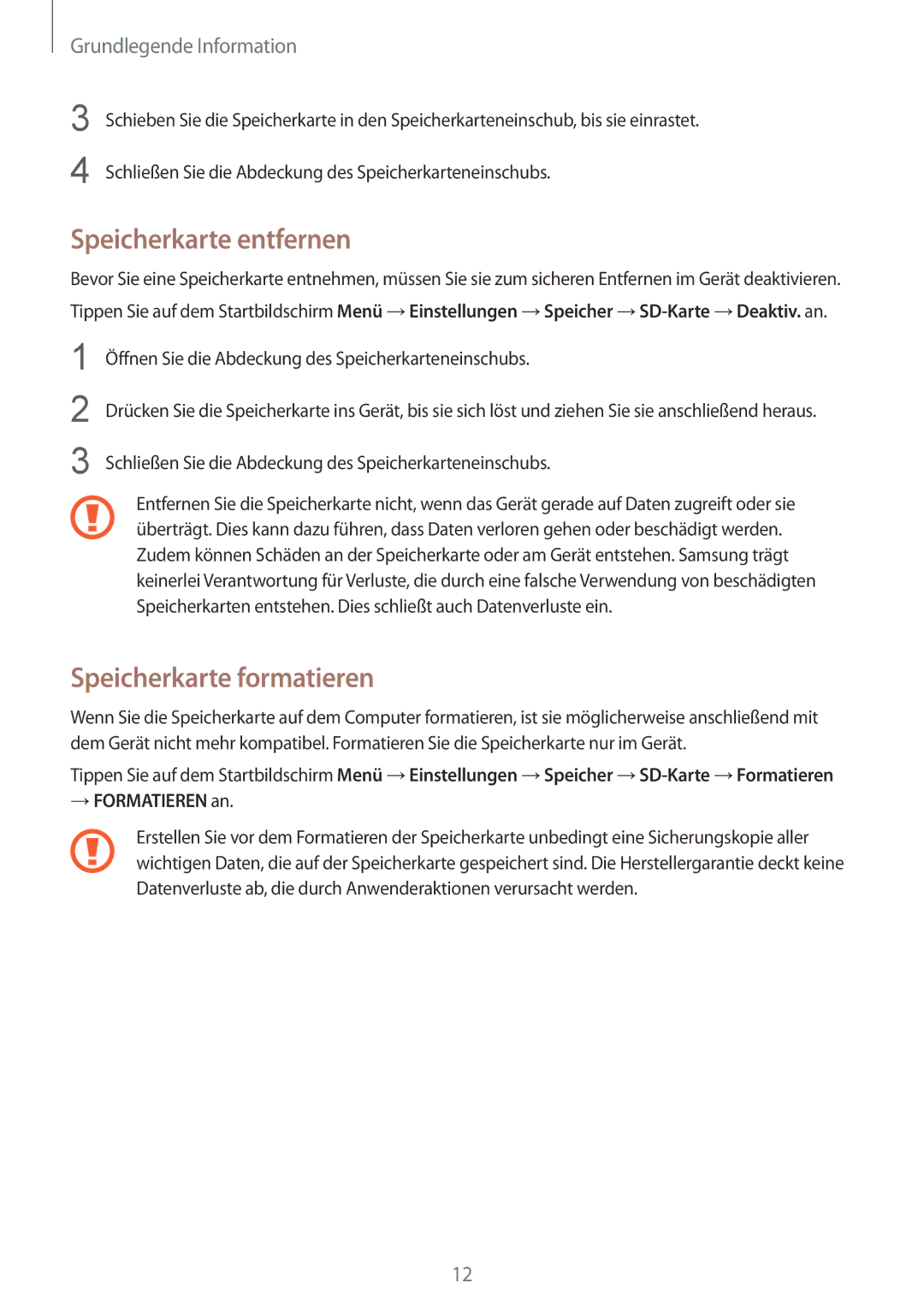 Samsung SM-T230NZKWBMW, SM-T230NZKIBMW manual Speicherkarte entfernen, Speicherkarte formatieren 