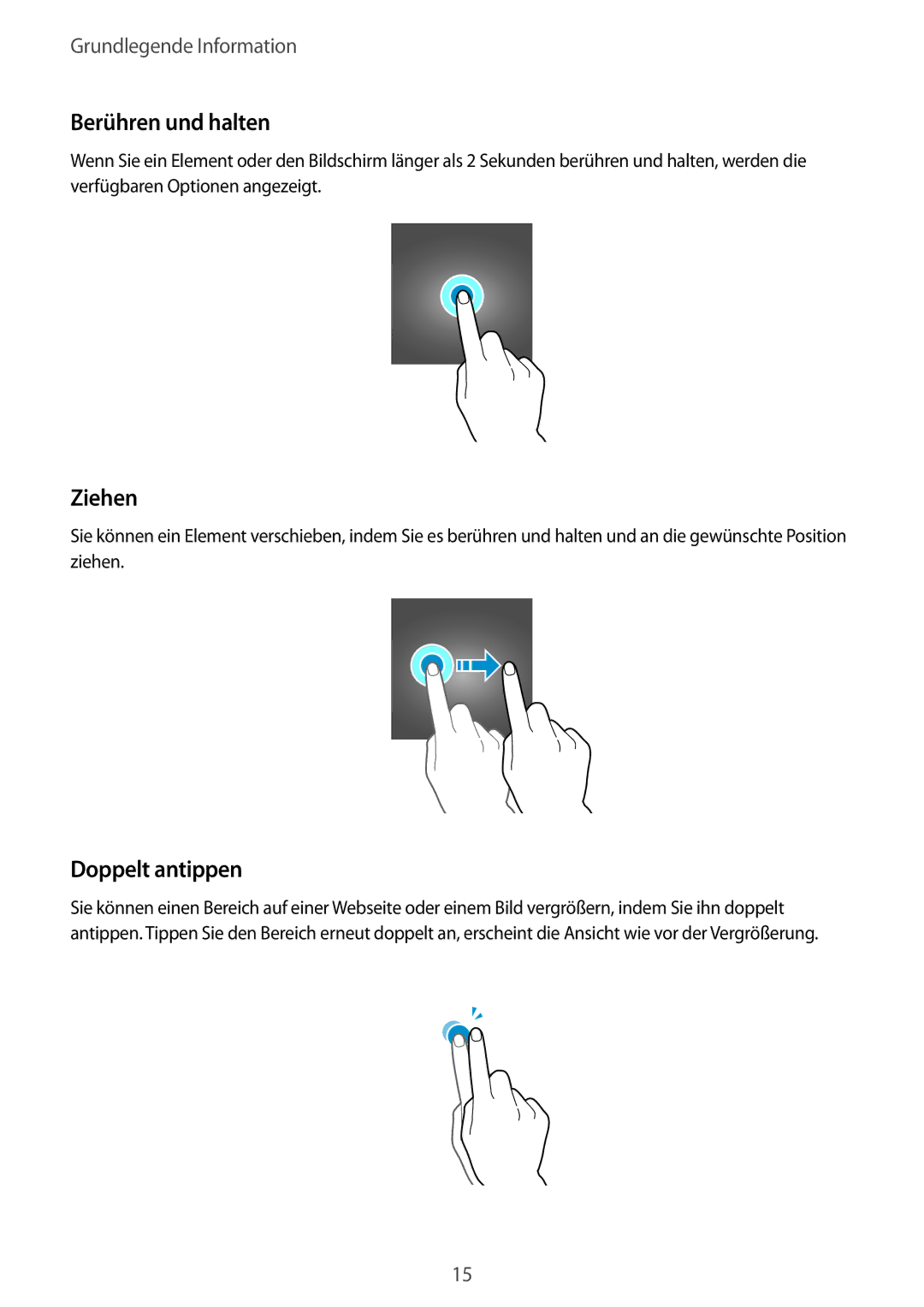 Samsung SM-T230NZKIBMW, SM-T230NZKWBMW manual Berühren und halten, Ziehen, Doppelt antippen 