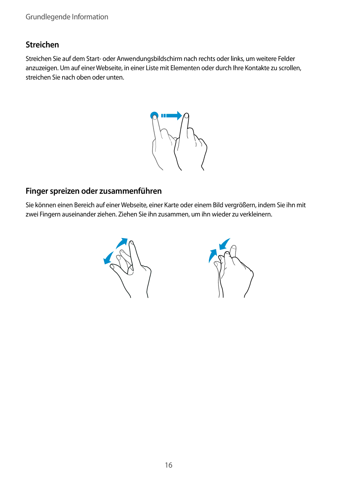 Samsung SM-T230NZKWBMW, SM-T230NZKIBMW manual Streichen, Finger spreizen oder zusammenführen 