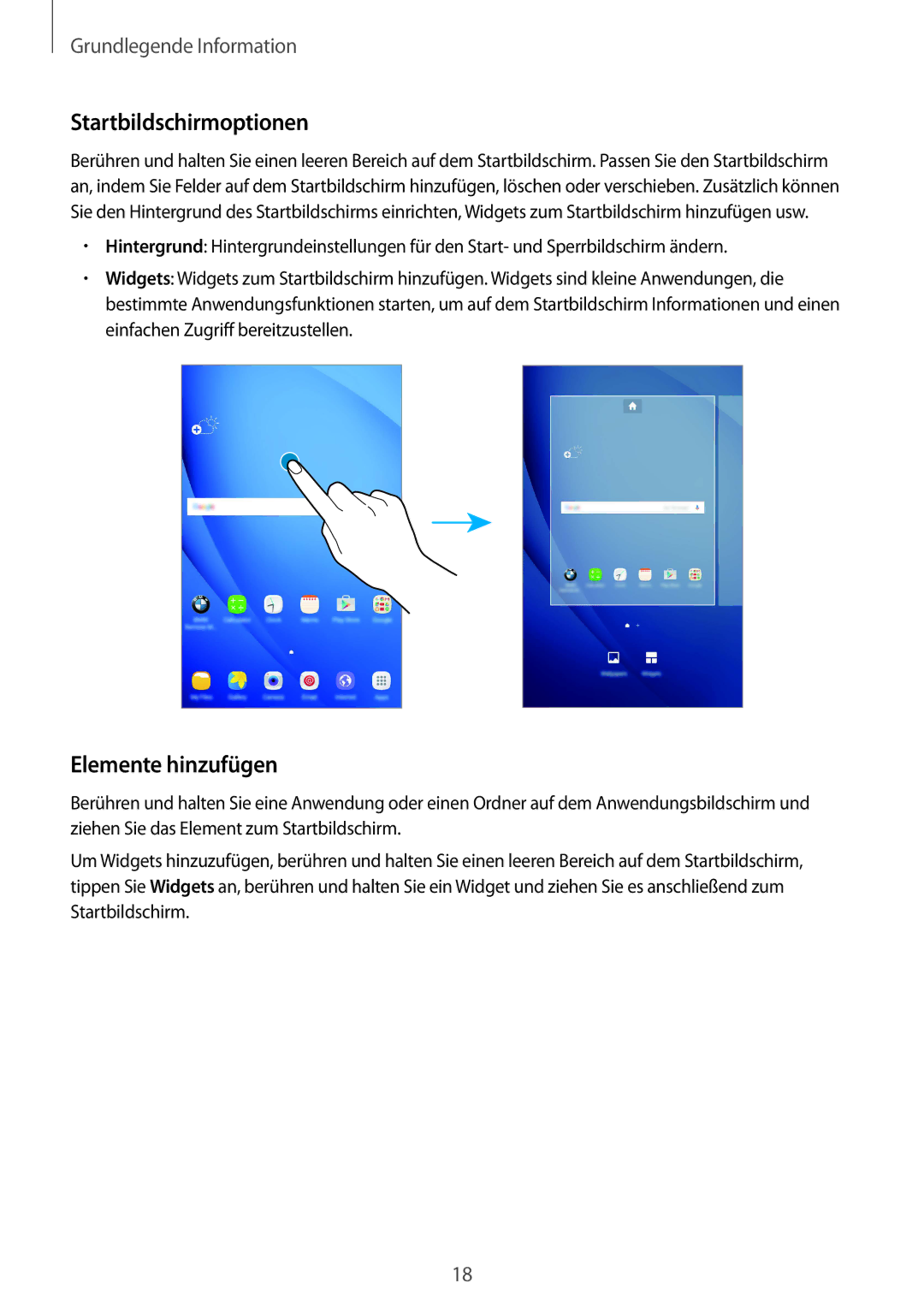 Samsung SM-T230NZKWBMW, SM-T230NZKIBMW manual Startbildschirmoptionen, Elemente hinzufügen 