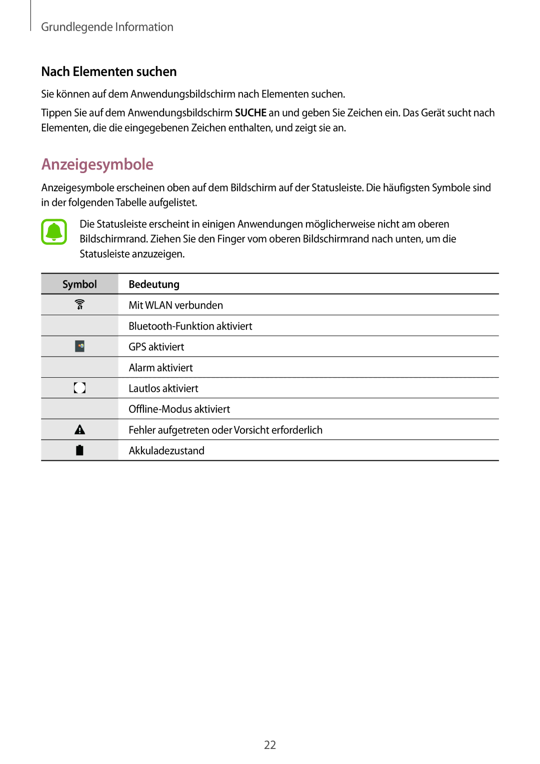 Samsung SM-T230NZKWBMW, SM-T230NZKIBMW manual Anzeigesymbole, Nach Elementen suchen 