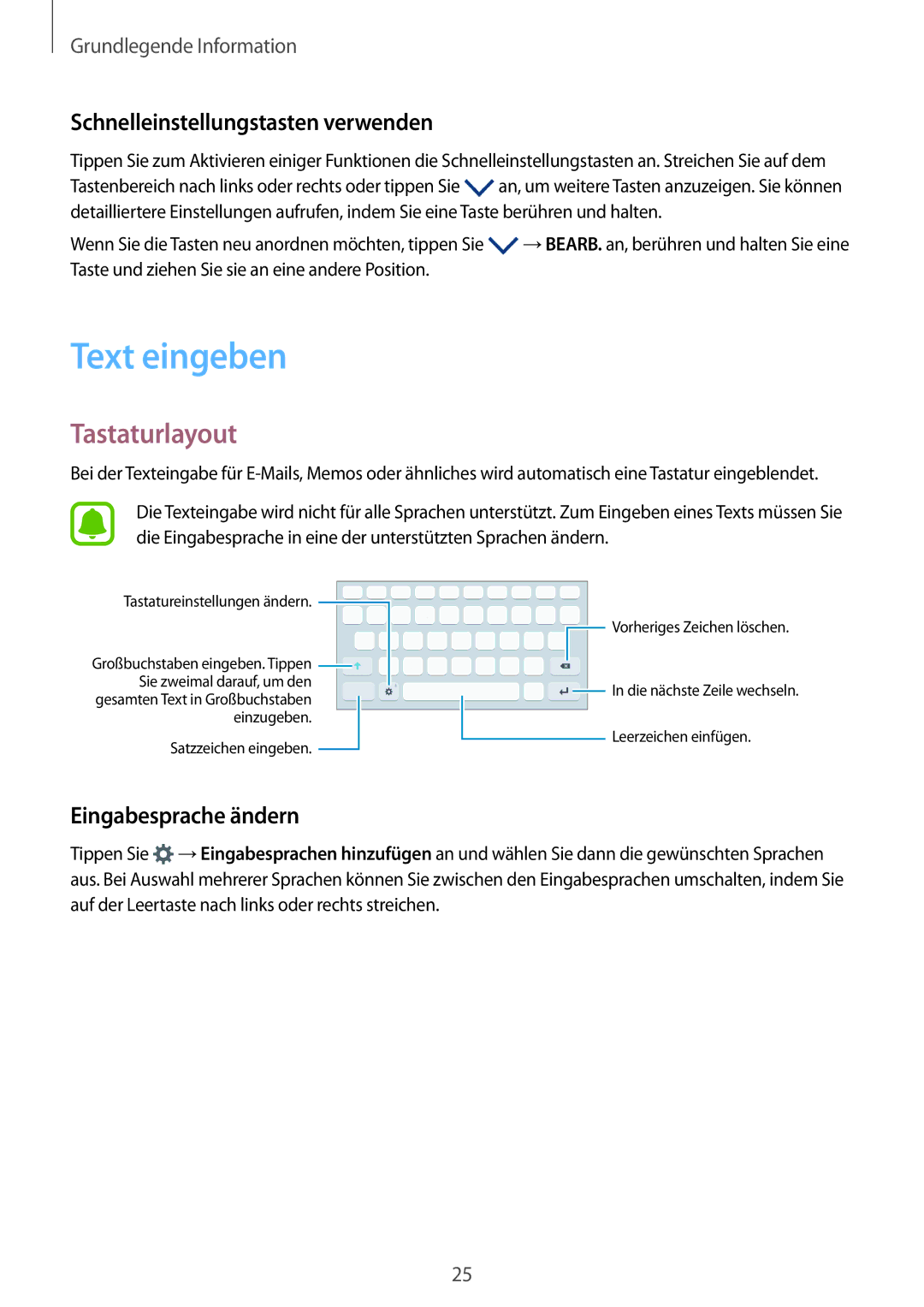 Samsung SM-T230NZKIBMW manual Text eingeben, Tastaturlayout, Schnelleinstellungstasten verwenden, Eingabesprache ändern 