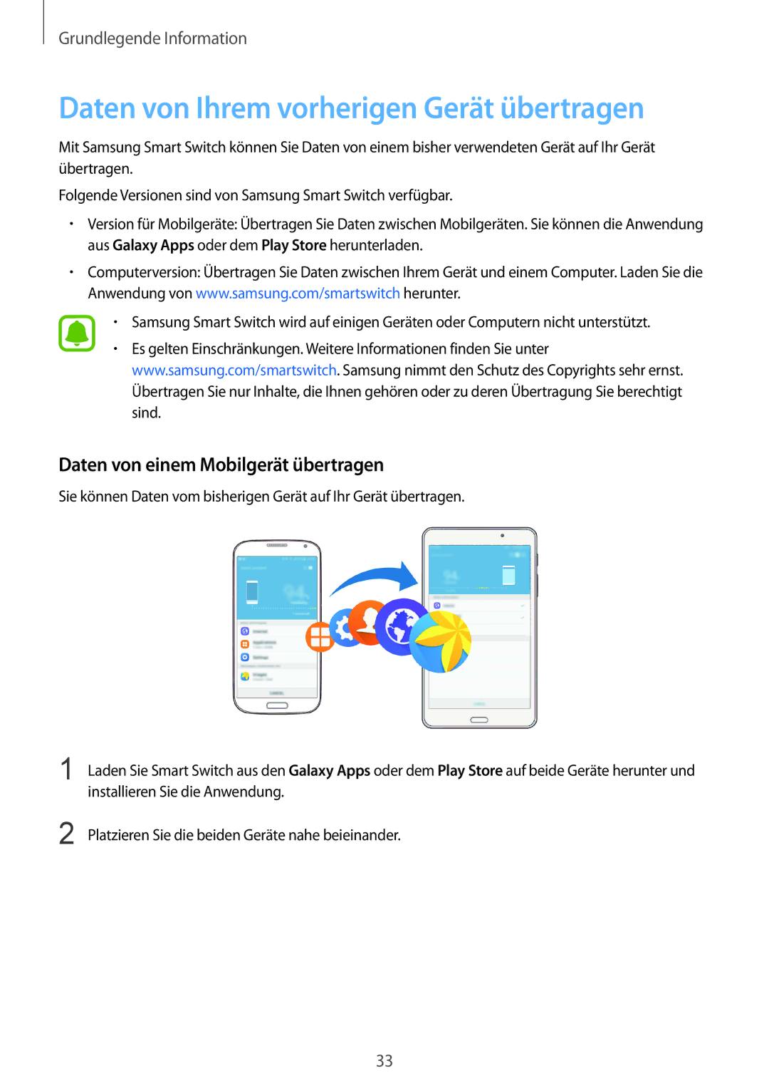 Samsung SM-T230NZKIBMW, SM-T230NZKWBMW Daten von Ihrem vorherigen Gerät übertragen, Daten von einem Mobilgerät übertragen 