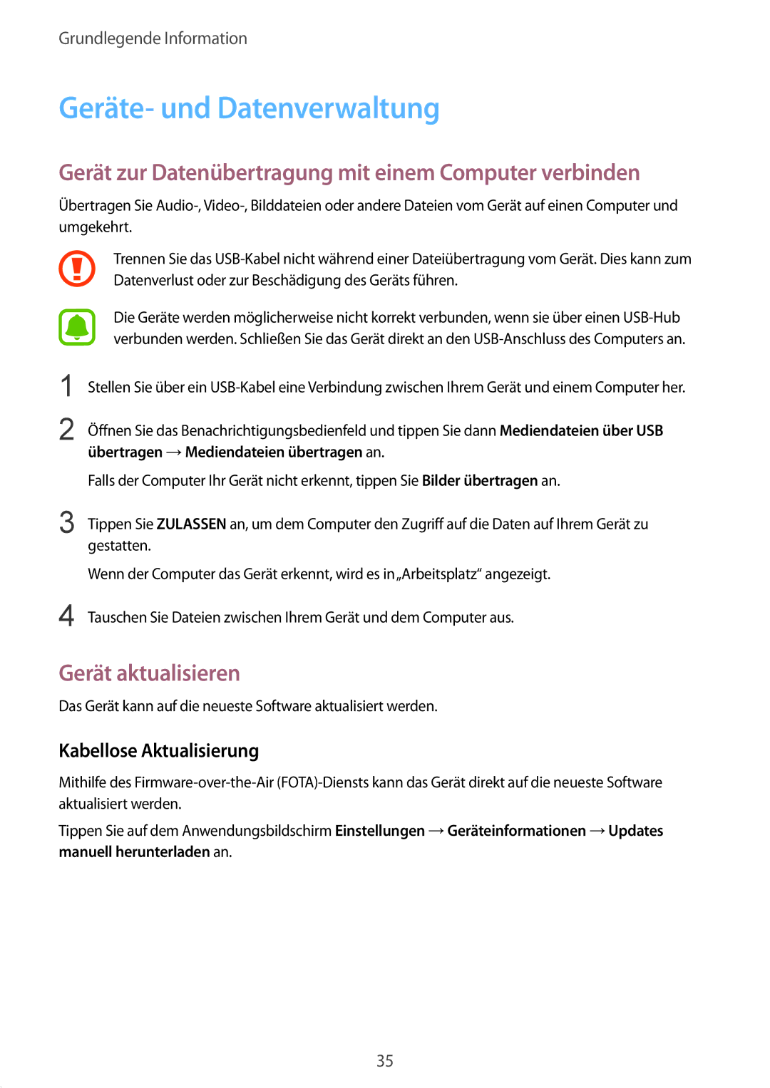 Samsung SM-T230NZKIBMW manual Geräte- und Datenverwaltung, Gerät zur Datenübertragung mit einem Computer verbinden 