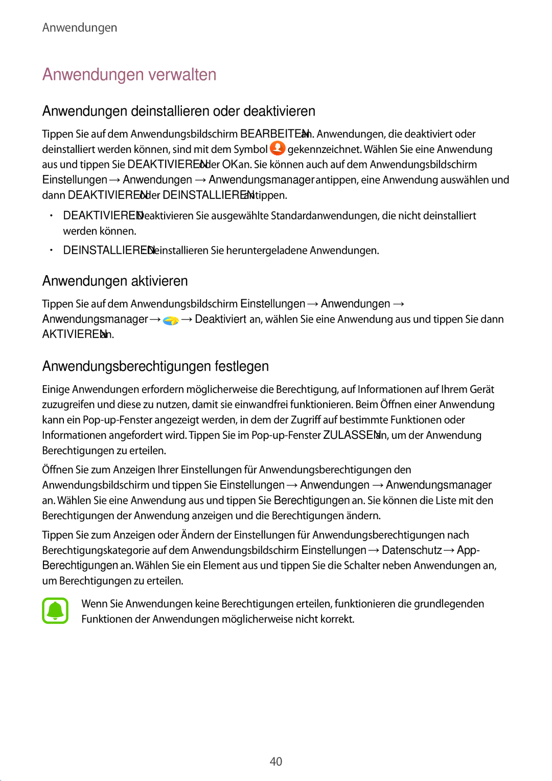 Samsung SM-T230NZKWBMW manual Anwendungen verwalten, Anwendungen deinstallieren oder deaktivieren, Anwendungen aktivieren 