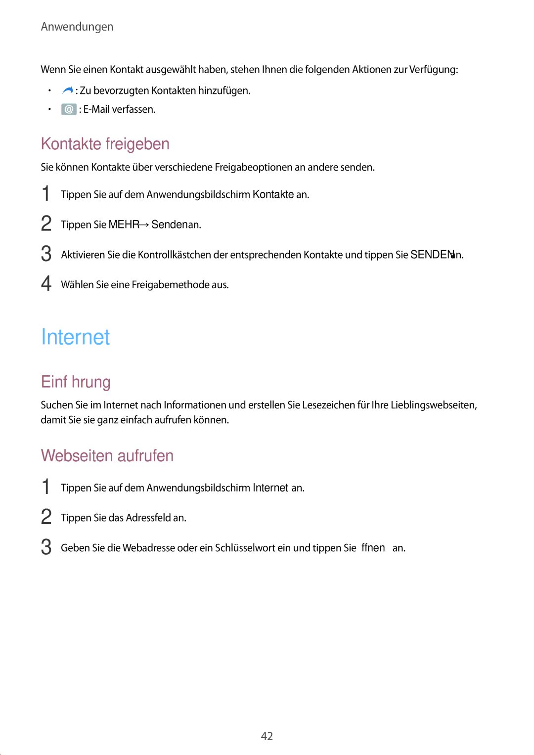 Samsung SM-T230NZKWBMW, SM-T230NZKIBMW manual Internet, Kontakte freigeben, Webseiten aufrufen 