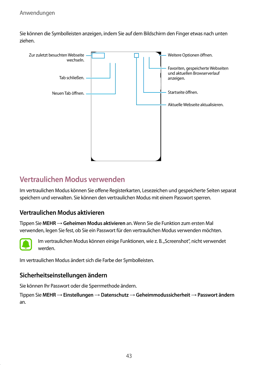 Samsung SM-T230NZKIBMW Vertraulichen Modus verwenden, Vertraulichen Modus aktivieren, Sicherheitseinstellungen ändern 