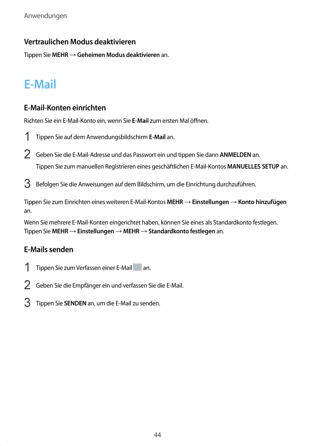 Samsung SM-T230NZKWBMW, SM-T230NZKIBMW manual Vertraulichen Modus deaktivieren, Mail-Konten einrichten, Mails senden 