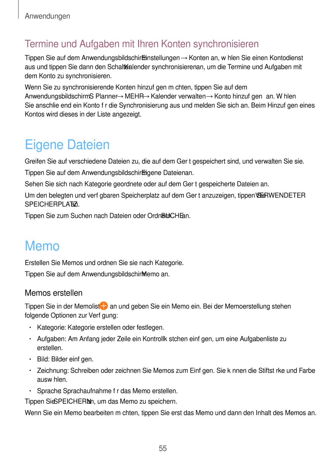 Samsung SM-T230NZKIBMW manual Eigene Dateien, Termine und Aufgaben mit Ihren Konten synchronisieren, Memos erstellen 