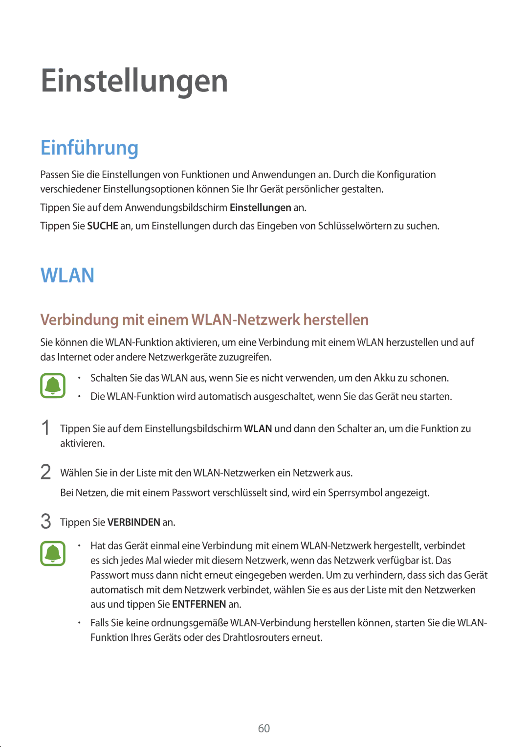 Samsung SM-T230NZKWBMW, SM-T230NZKIBMW manual Einführung, Verbindung mit einem WLAN-Netzwerk herstellen 