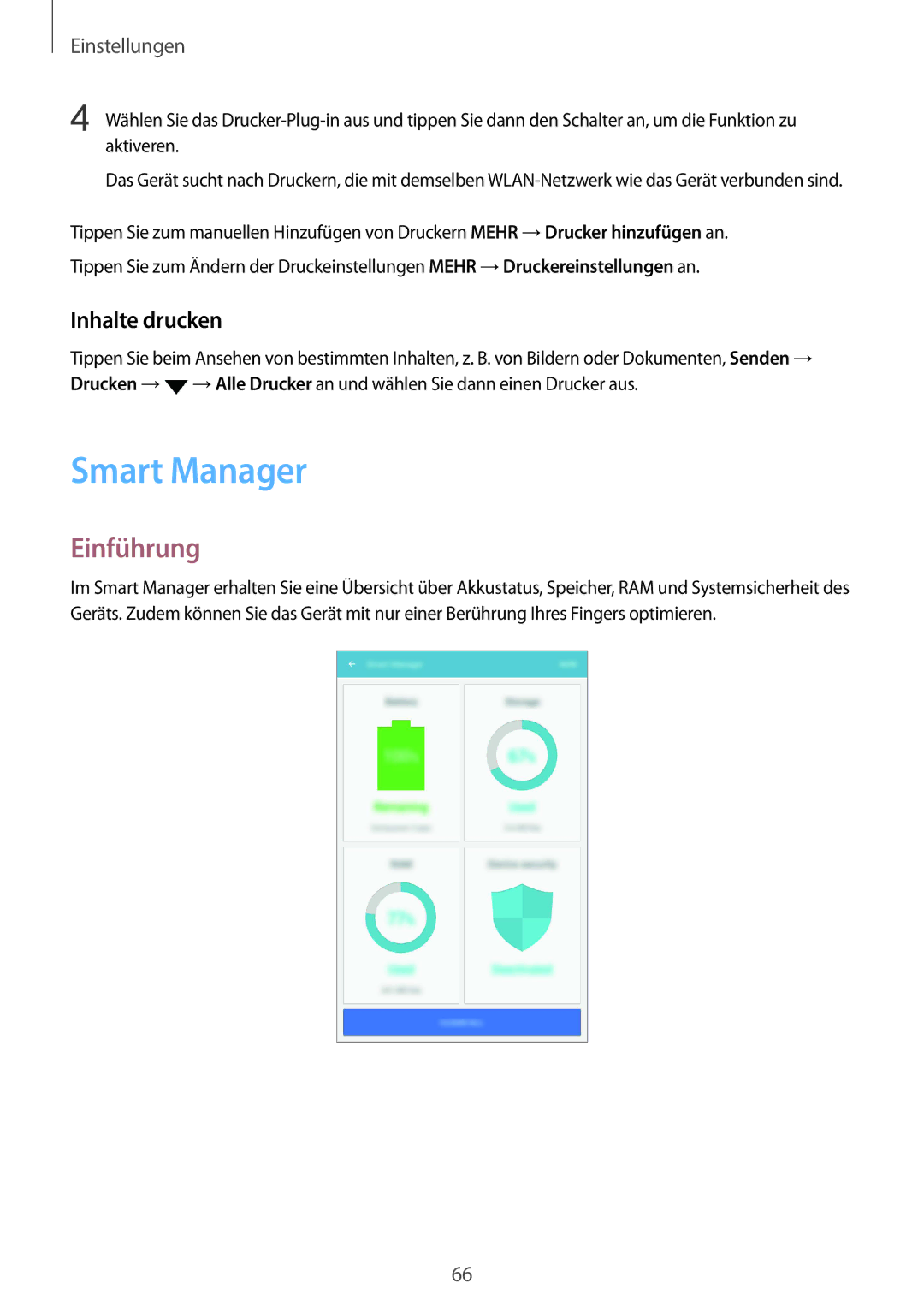 Samsung SM-T230NZKWBMW, SM-T230NZKIBMW manual Smart Manager, Inhalte drucken 