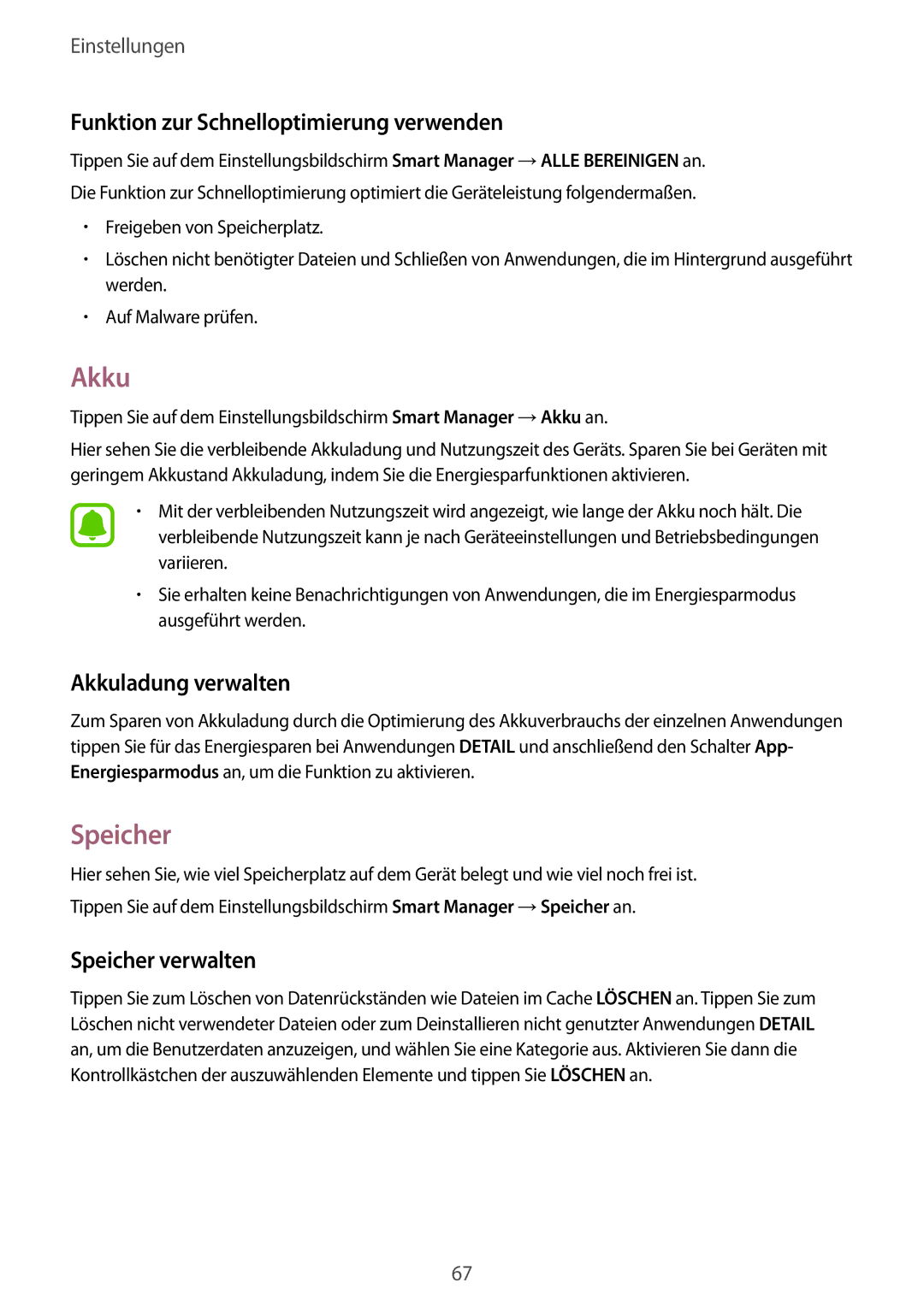 Samsung SM-T230NZKIBMW manual Funktion zur Schnelloptimierung verwenden, Akkuladung verwalten, Speicher verwalten 