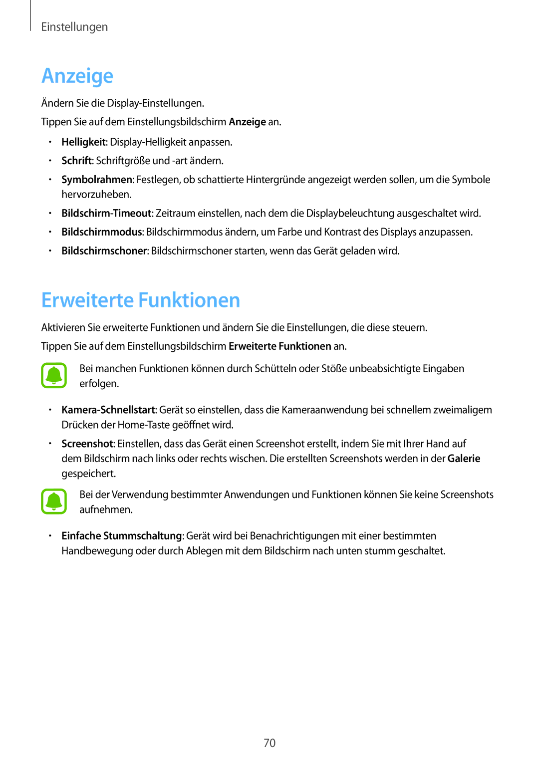 Samsung SM-T230NZKWBMW, SM-T230NZKIBMW manual Anzeige, Erweiterte Funktionen 