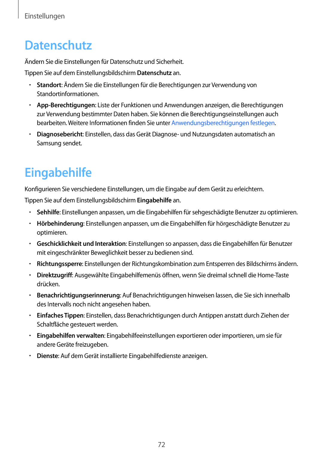 Samsung SM-T230NZKWBMW, SM-T230NZKIBMW manual Datenschutz, Eingabehilfe 