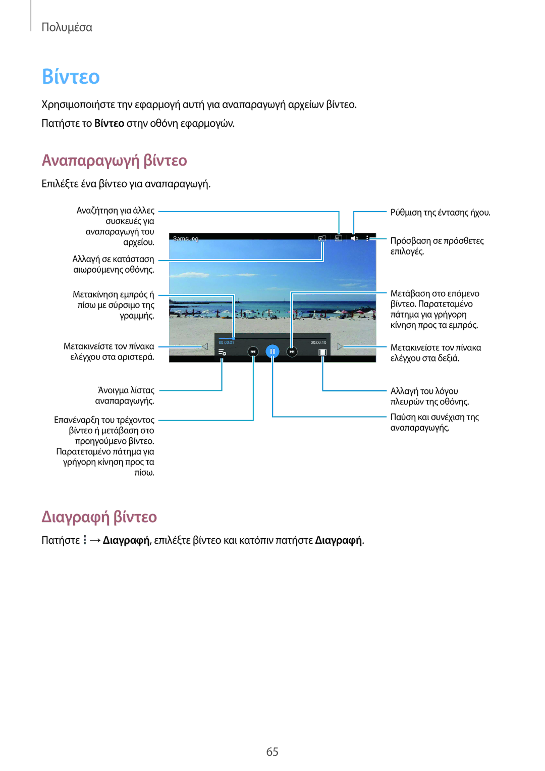 Samsung SM-T230NYKAEUR, SM-T230NZWAEUR manual Βίντεο, Διαγραφή βίντεο 