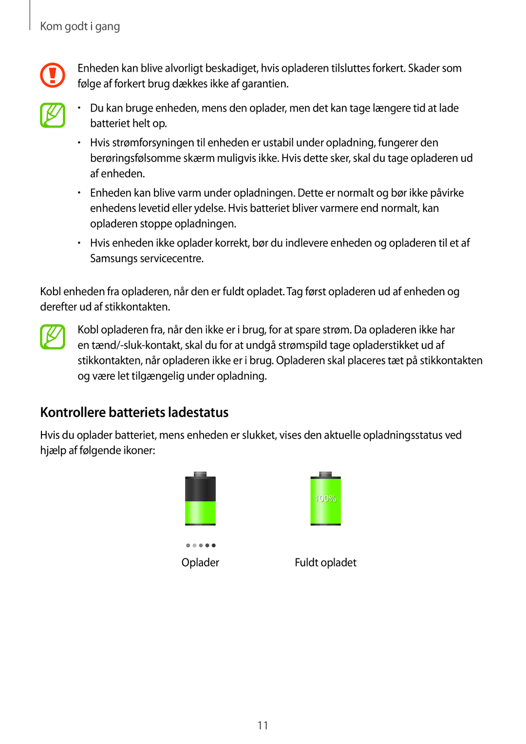 Samsung SM-T230NYKANEE, SM-T230NZWANEE manual Kontrollere batteriets ladestatus 