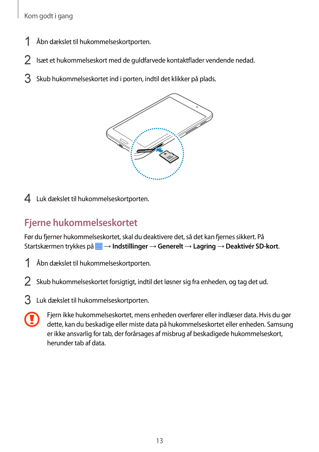 Samsung SM-T230NYKANEE, SM-T230NZWANEE manual Fjerne hukommelseskortet 