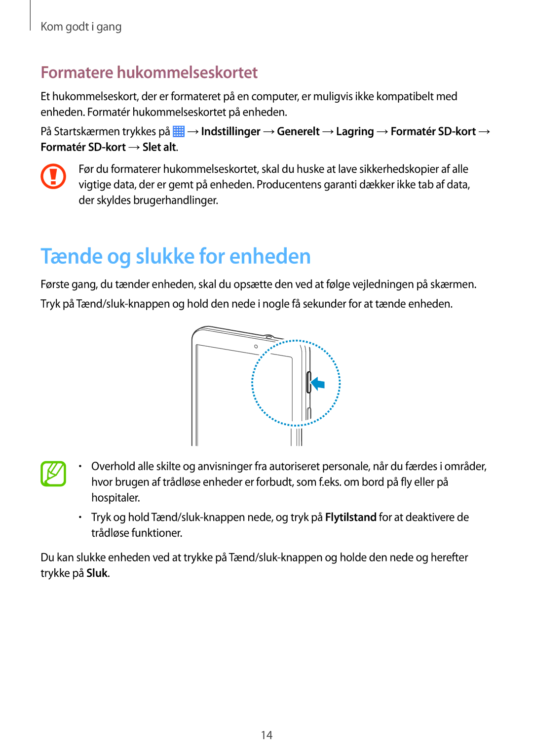 Samsung SM-T230NZWANEE, SM-T230NYKANEE manual Tænde og slukke for enheden, Formatere hukommelseskortet 