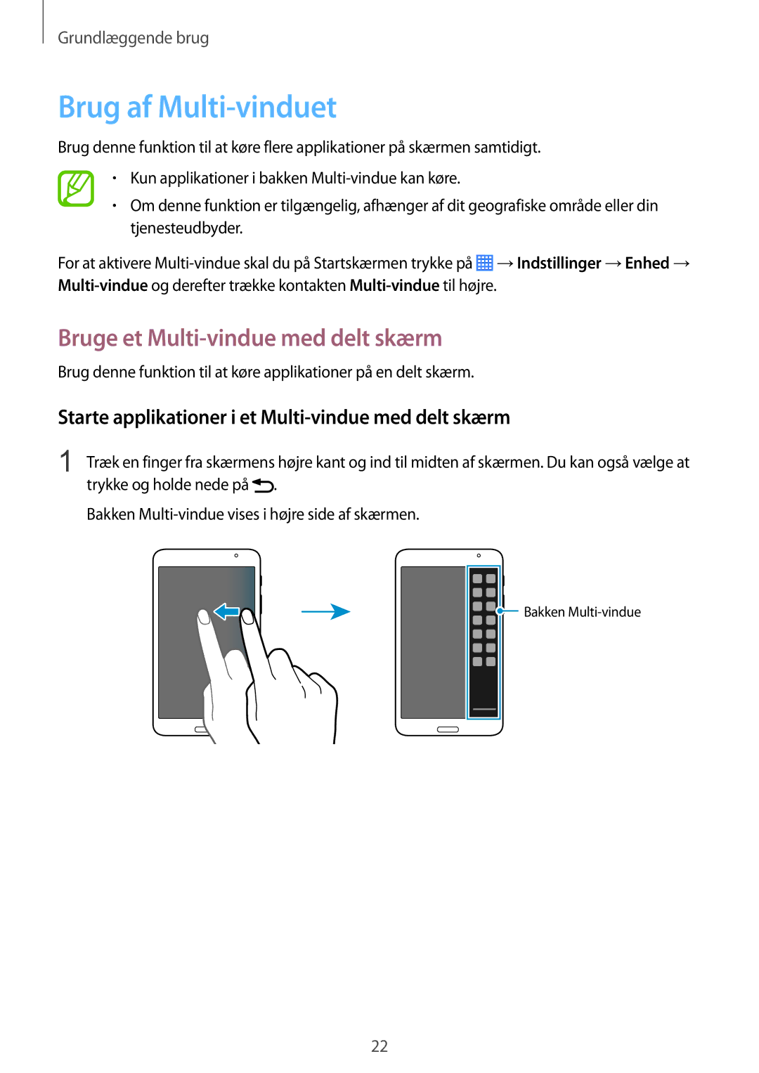 Samsung SM-T230NZWANEE, SM-T230NYKANEE manual Brug af Multi-vinduet, Bruge et Multi-vindue med delt skærm 