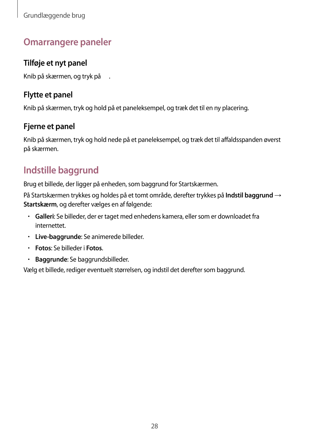 Samsung SM-T230NZWANEE Omarrangere paneler, Indstille baggrund, Tilføje et nyt panel, Flytte et panel, Fjerne et panel 