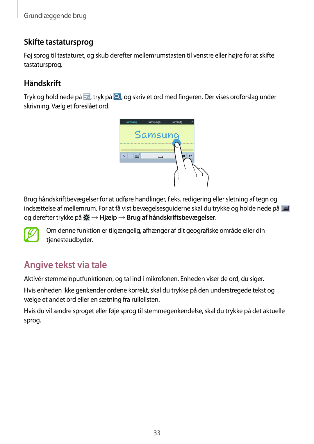 Samsung SM-T230NYKANEE, SM-T230NZWANEE manual Angive tekst via tale, Skifte tastatursprog, Håndskrift 