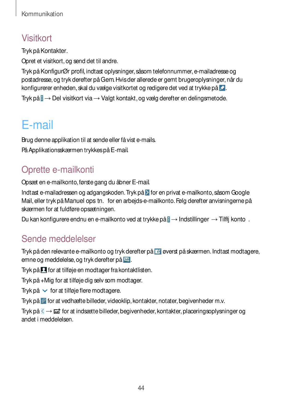 Samsung SM-T230NZWANEE, SM-T230NYKANEE manual Mail, Visitkort, Oprette e-mailkonti, Sende meddelelser 