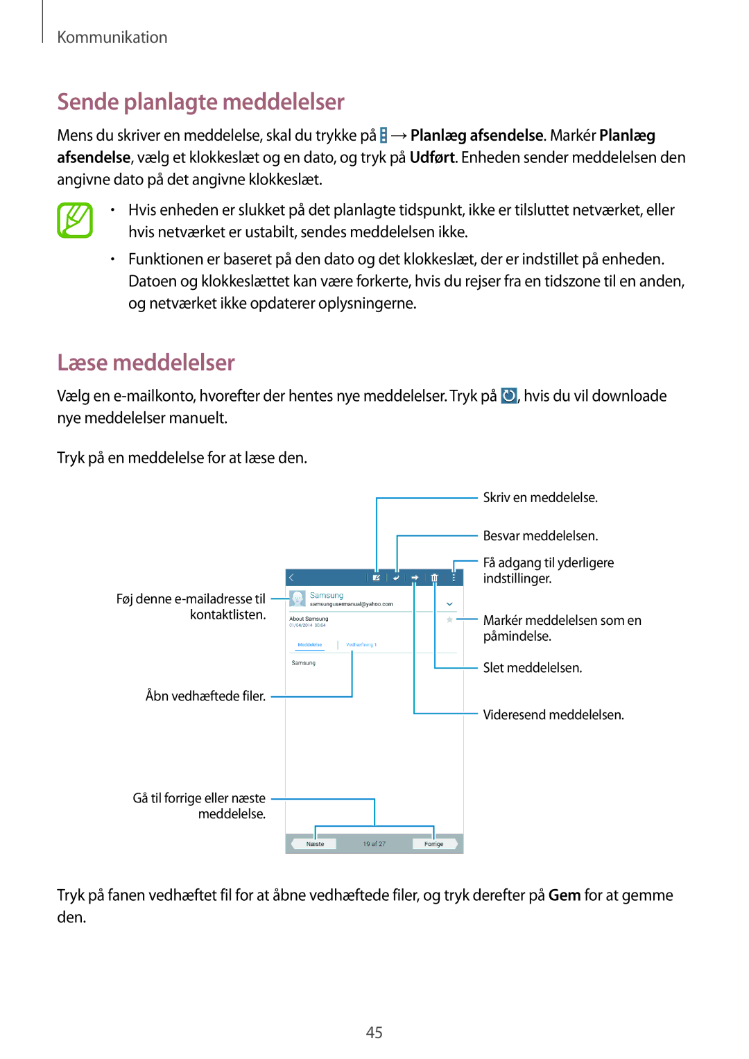 Samsung SM-T230NYKANEE, SM-T230NZWANEE manual Sende planlagte meddelelser, Læse meddelelser 