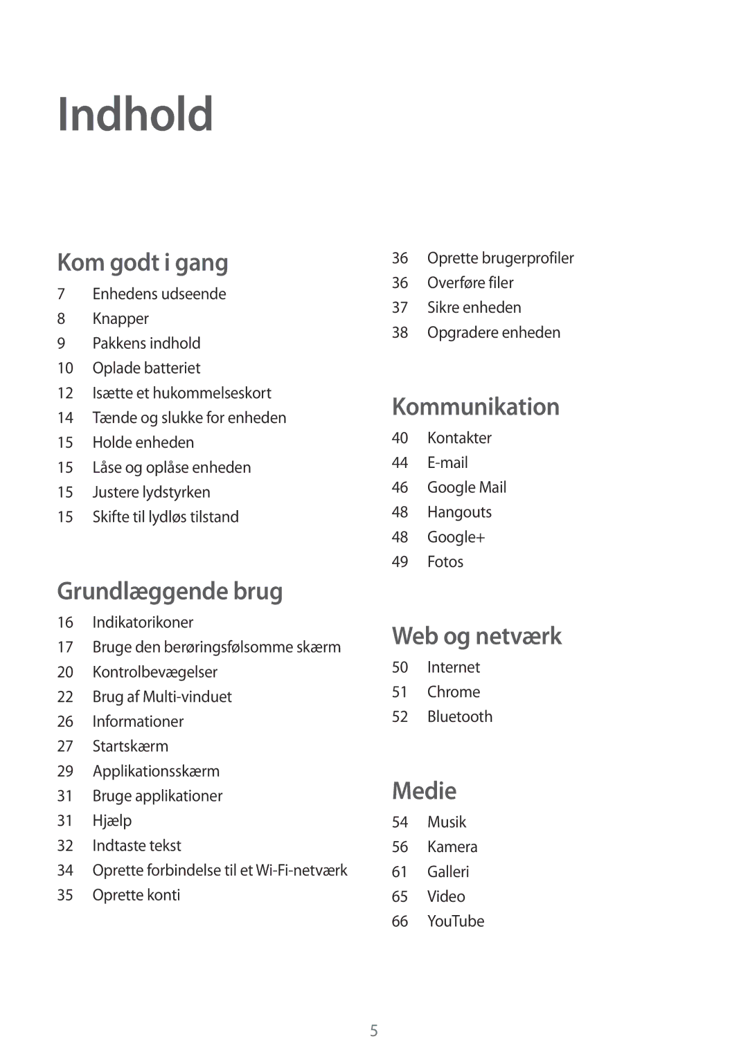 Samsung SM-T230NYKANEE, SM-T230NZWANEE manual Indhold, Kom godt i gang 