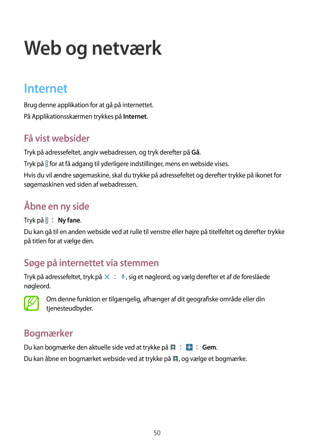 Samsung SM-T230NZWANEE, SM-T230NYKANEE manual Web og netværk, Internet 