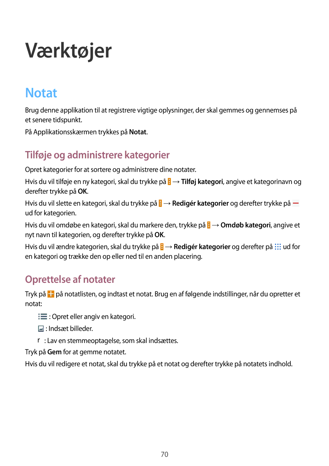 Samsung SM-T230NZWANEE, SM-T230NYKANEE manual Værktøjer, Notat, Tilføje og administrere kategorier, Oprettelse af notater 
