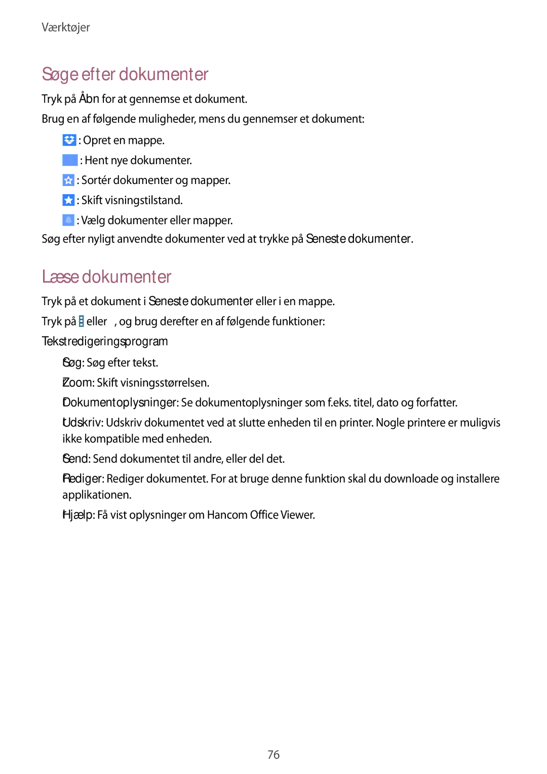 Samsung SM-T230NZWANEE, SM-T230NYKANEE manual Søge efter dokumenter, Læse dokumenter, Tekstredigeringsprogram 