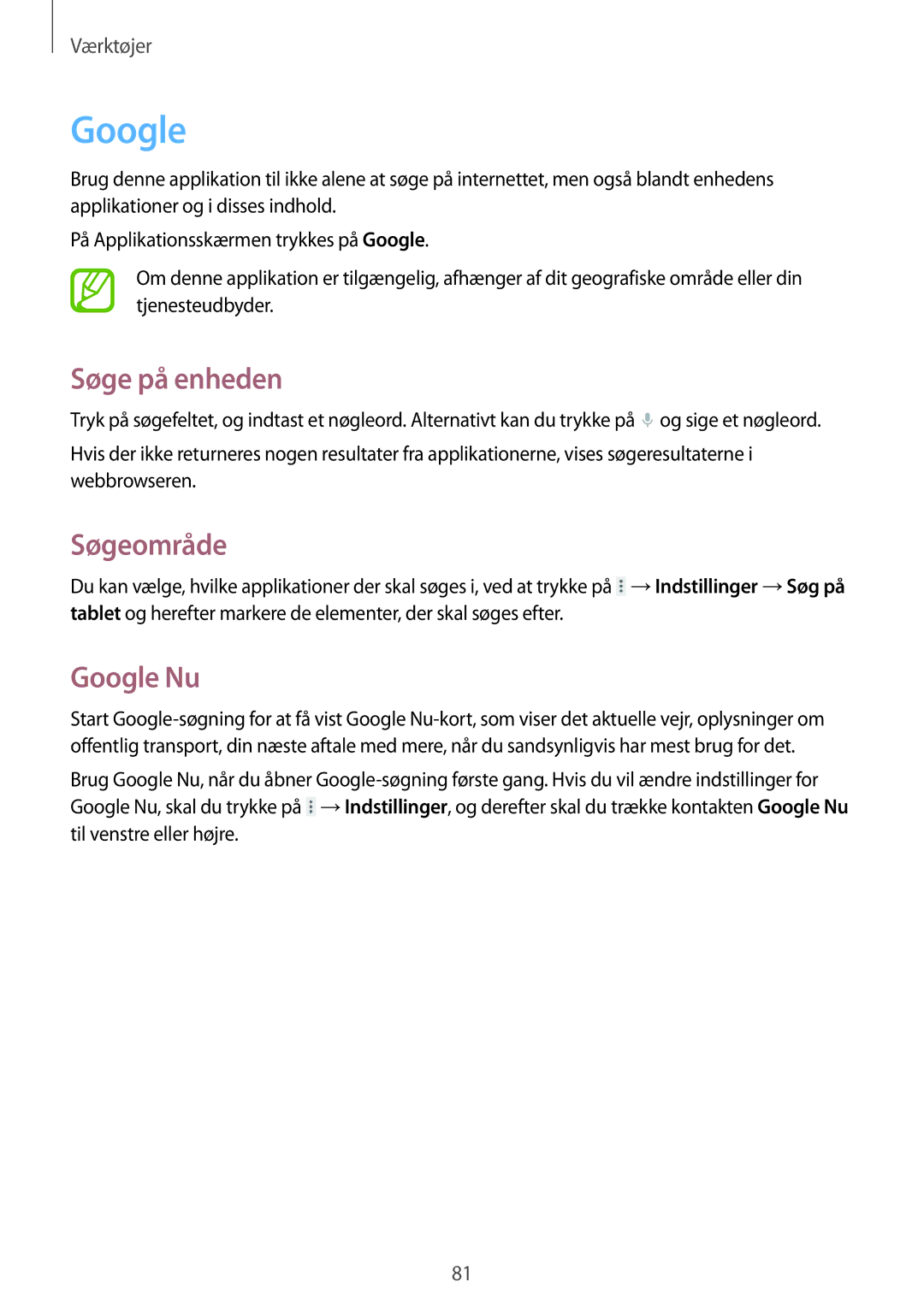 Samsung SM-T230NYKANEE, SM-T230NZWANEE manual Søge på enheden, Søgeområde, Google Nu 