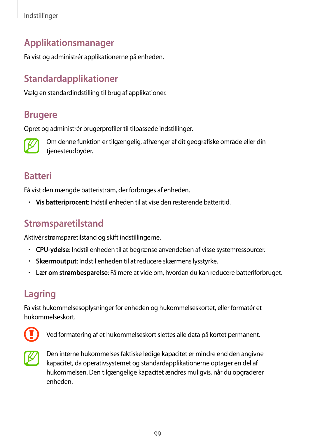 Samsung SM-T230NYKANEE manual Applikationsmanager, Standardapplikationer, Brugere, Batteri, Strømsparetilstand, Lagring 