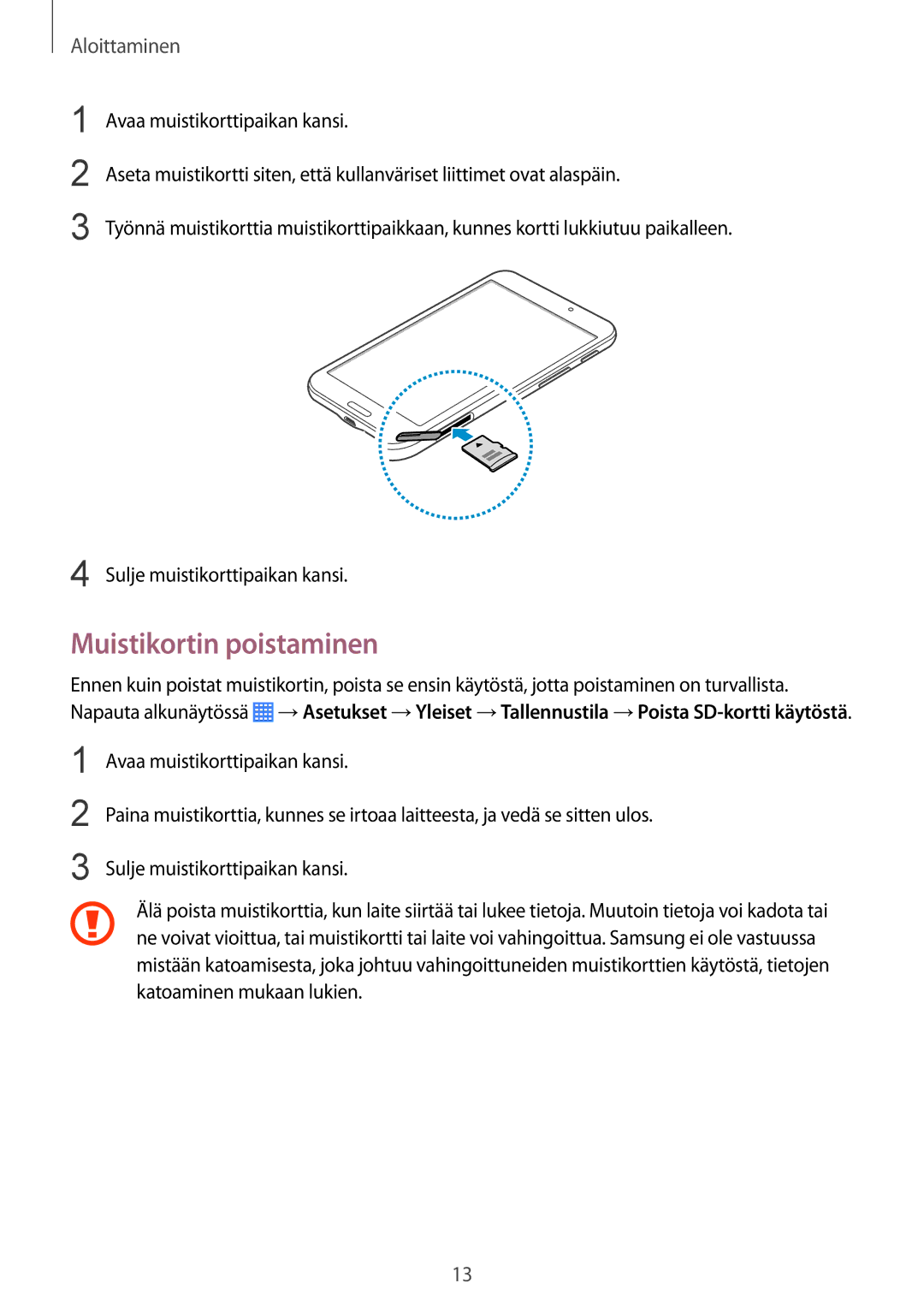 Samsung SM-T230NYKANEE, SM-T230NZWANEE manual Muistikortin poistaminen 