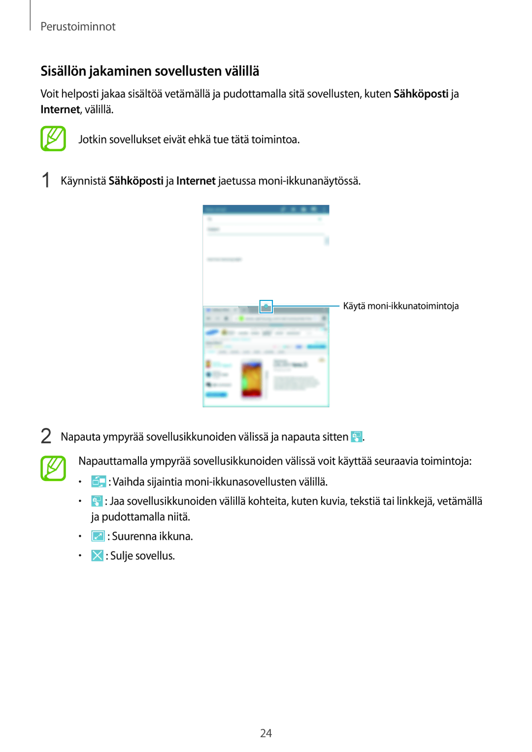 Samsung SM-T230NZWANEE, SM-T230NYKANEE manual Sisällön jakaminen sovellusten välillä 