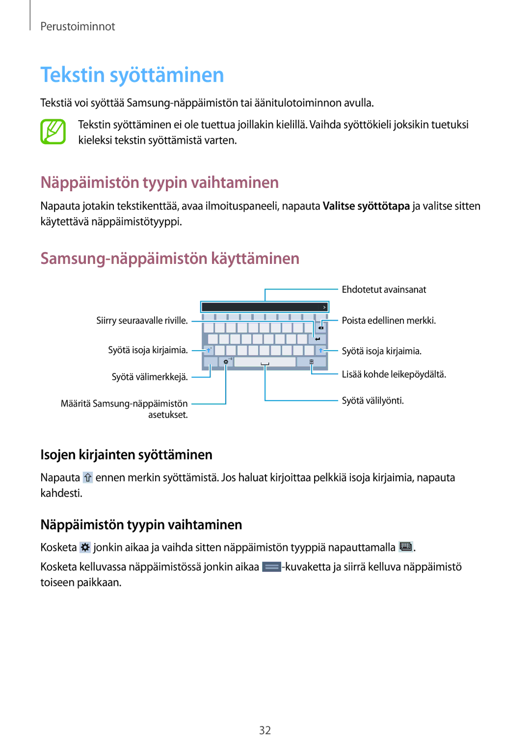 Samsung SM-T230NZWANEE manual Tekstin syöttäminen, Näppäimistön tyypin vaihtaminen, Samsung-näppäimistön käyttäminen 