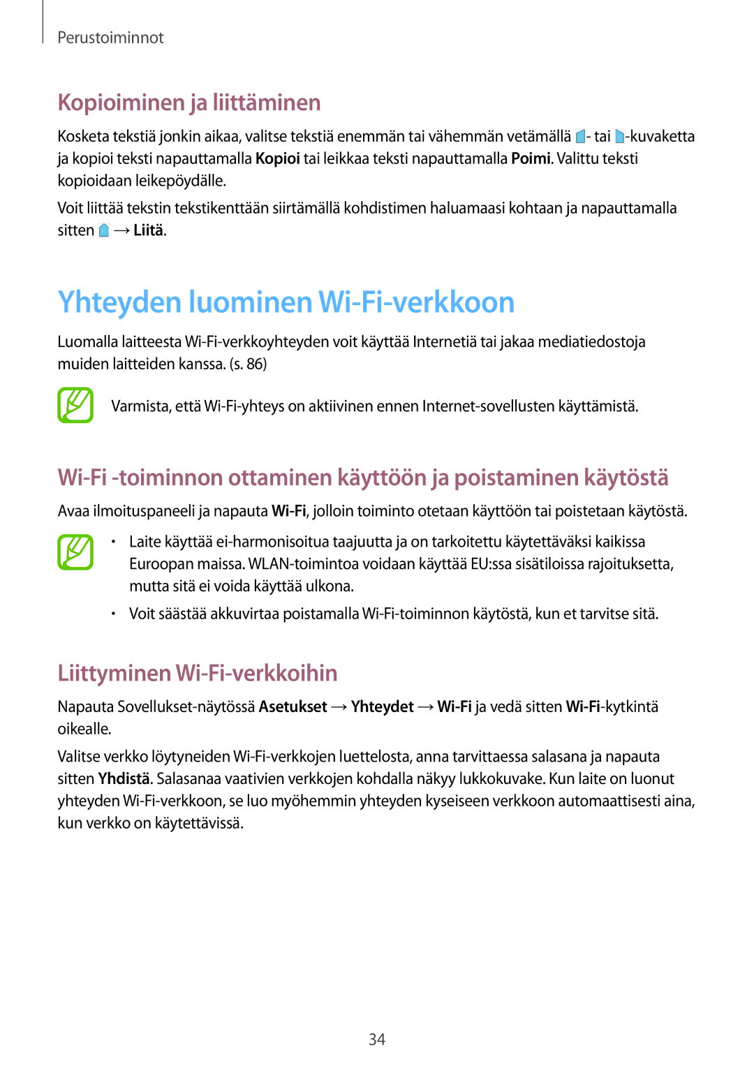 Samsung SM-T230NZWANEE manual Yhteyden luominen Wi-Fi-verkkoon, Kopioiminen ja liittäminen, Liittyminen Wi-Fi-verkkoihin 