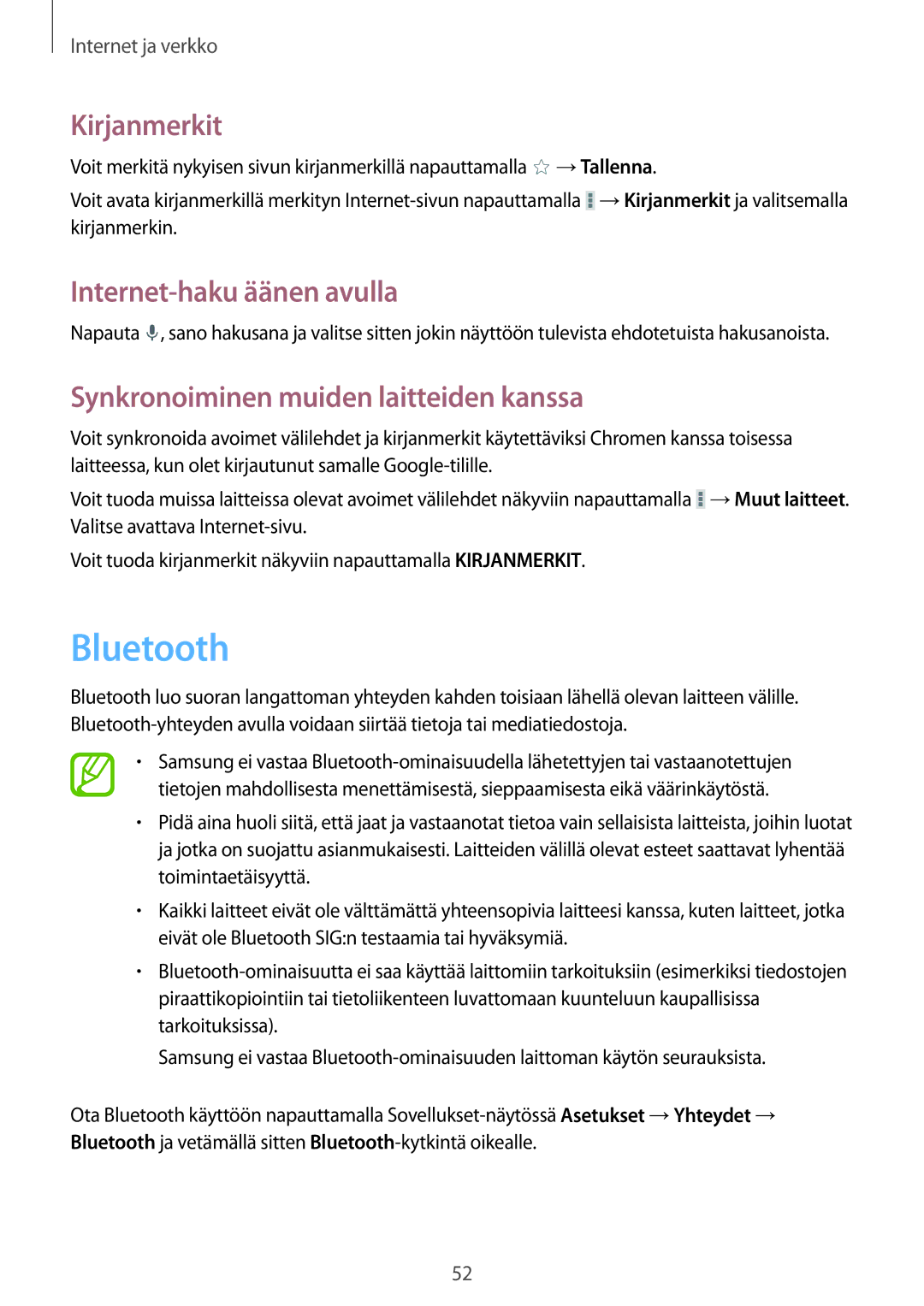 Samsung SM-T230NZWANEE, SM-T230NYKANEE manual Bluetooth, Synkronoiminen muiden laitteiden kanssa 