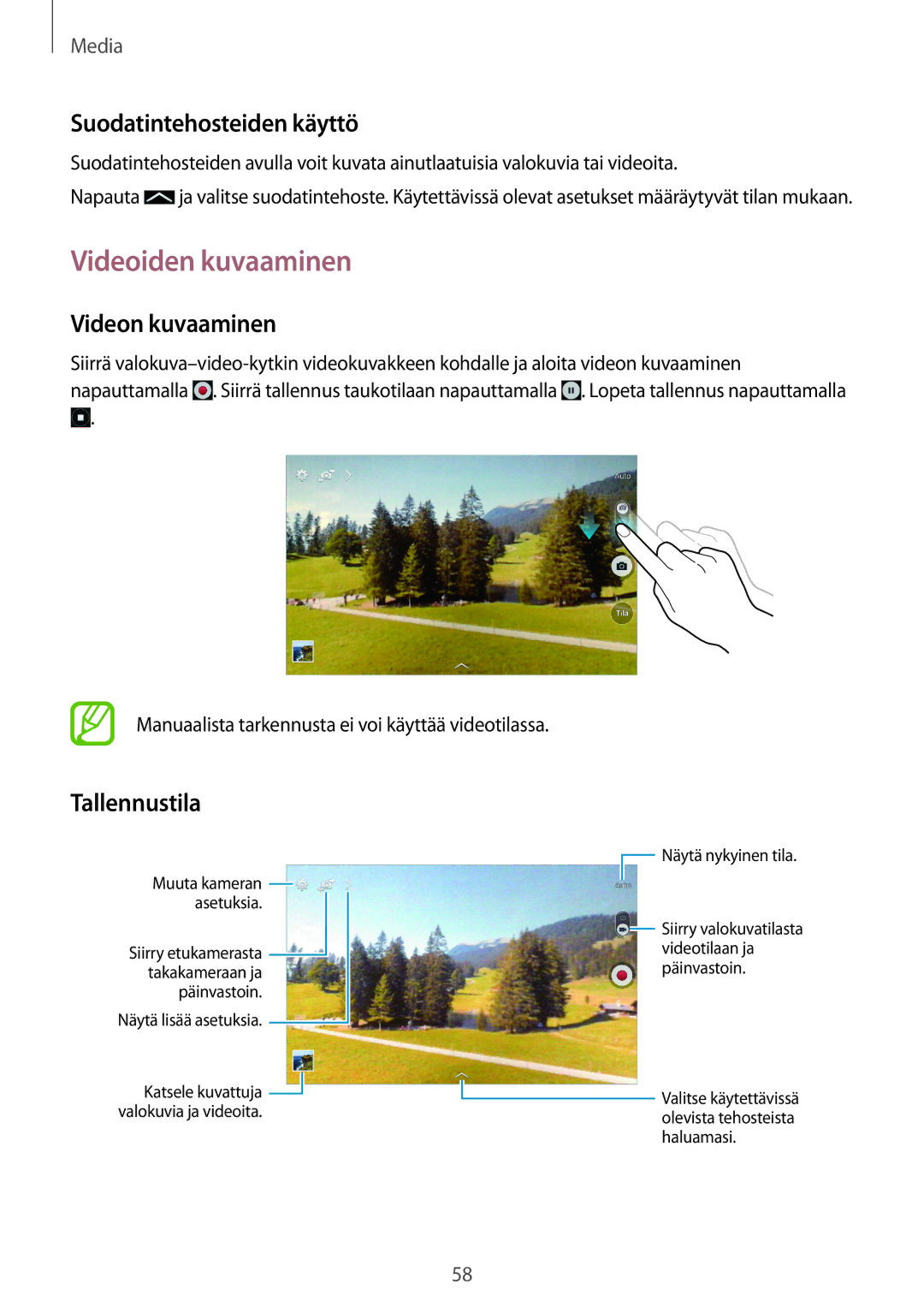 Samsung SM-T230NZWANEE, SM-T230NYKANEE Videoiden kuvaaminen, Suodatintehosteiden käyttö, Videon kuvaaminen, Tallennustila 