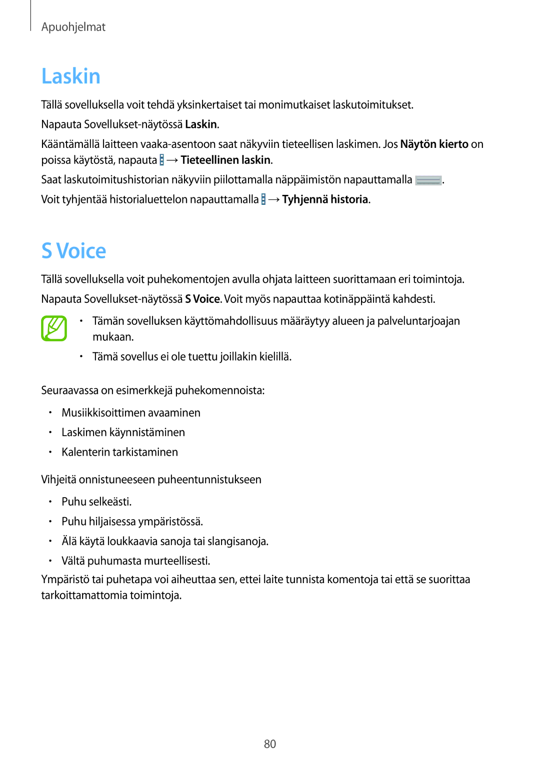 Samsung SM-T230NZWANEE, SM-T230NYKANEE manual Laskin, Voice 