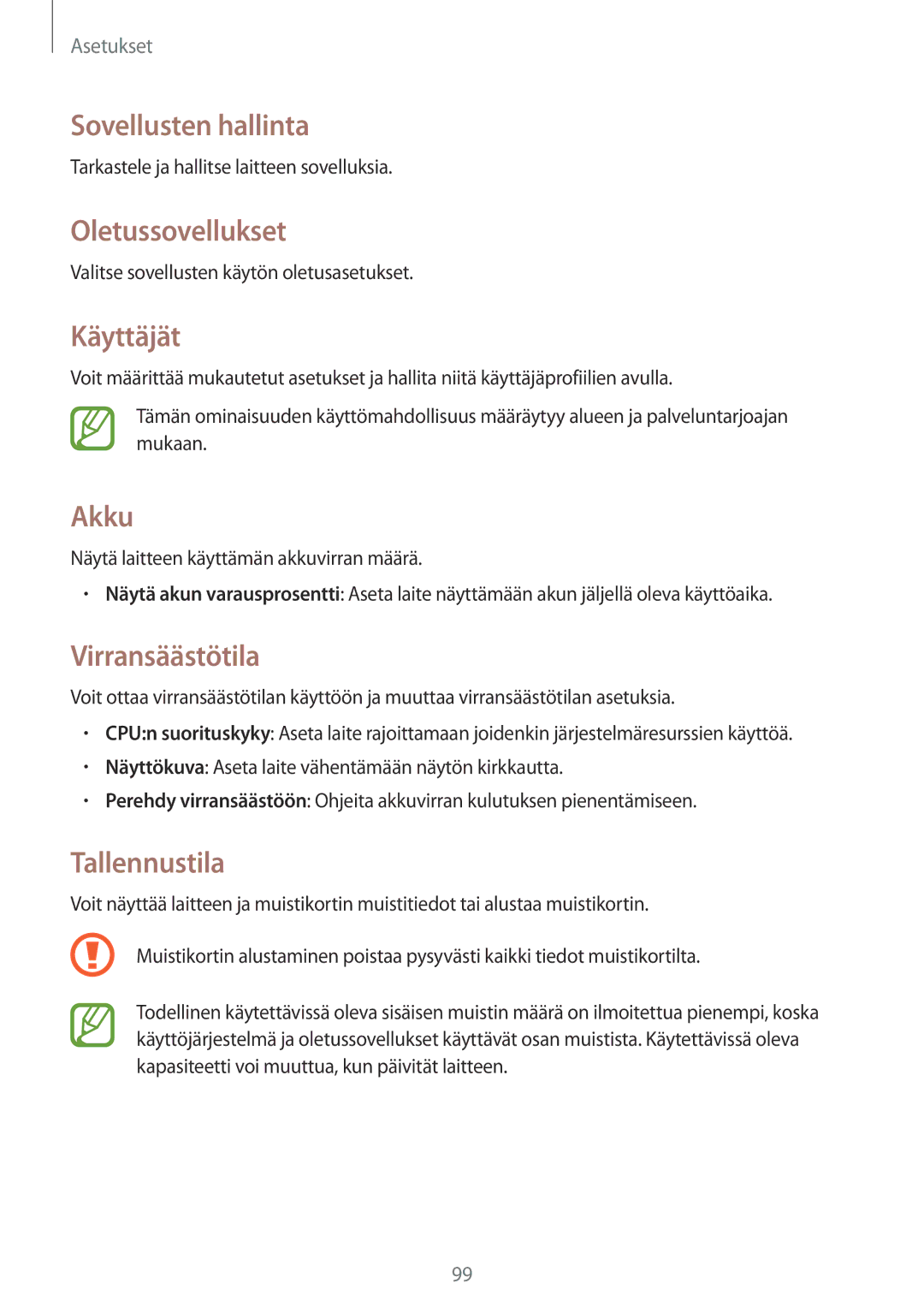 Samsung SM-T230NYKANEE manual Sovellusten hallinta, Oletussovellukset, Käyttäjät, Akku, Virransäästötila, Tallennustila 