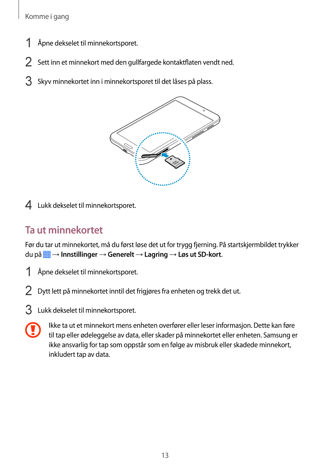 Samsung SM-T230NYKANEE, SM-T230NZWANEE manual Ta ut minnekortet 