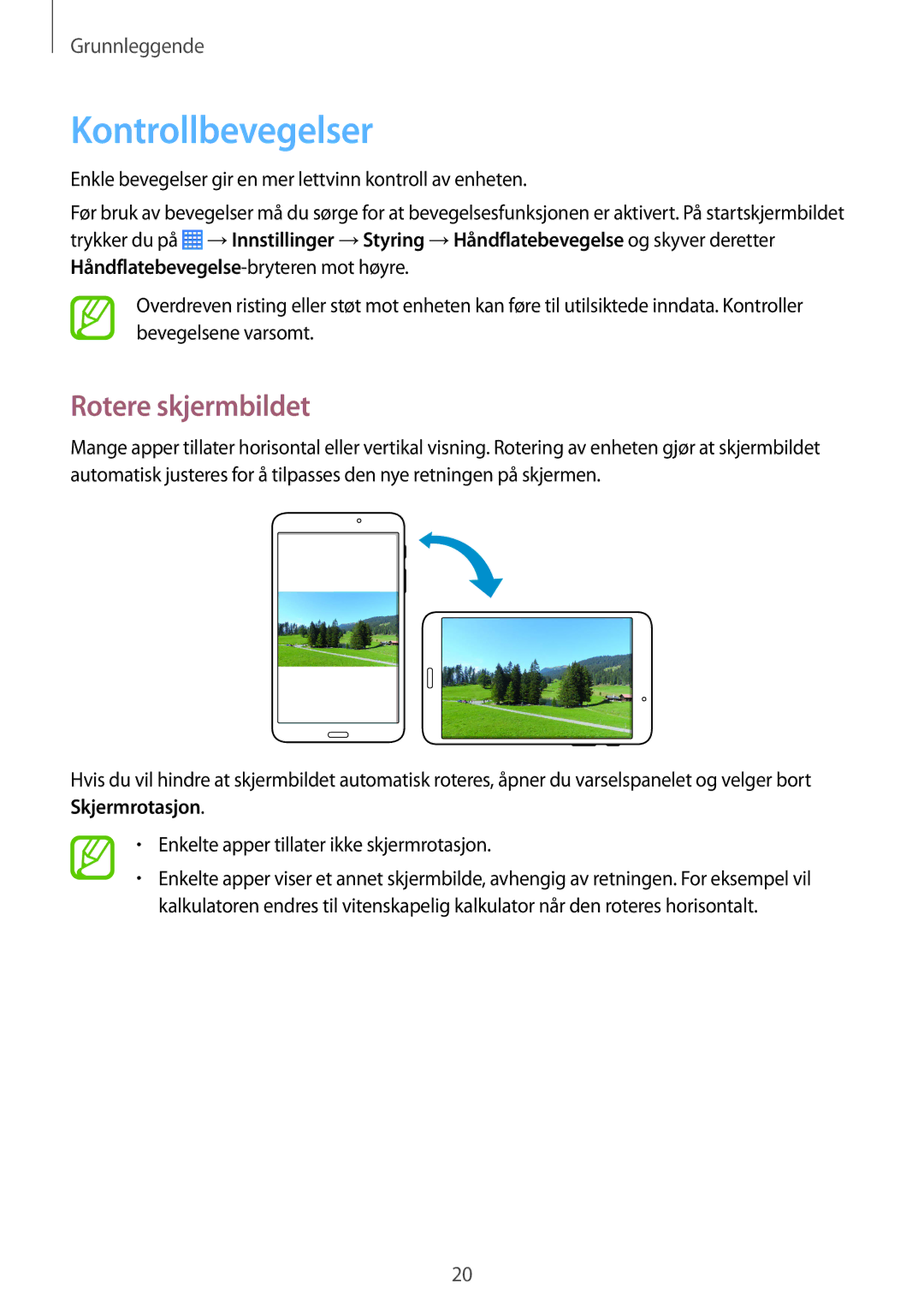 Samsung SM-T230NZWANEE, SM-T230NYKANEE manual Kontrollbevegelser, Rotere skjermbildet 