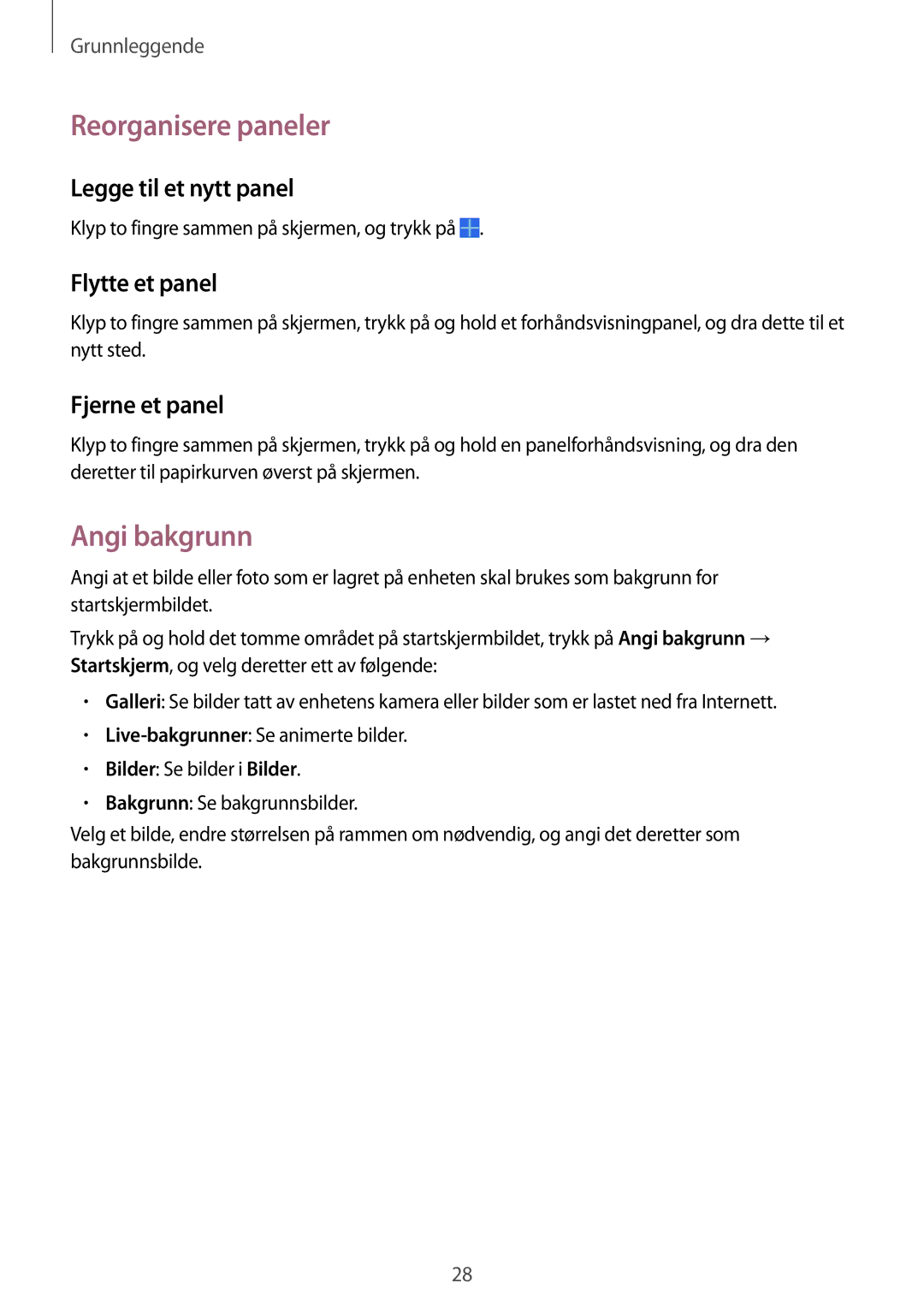 Samsung SM-T230NZWANEE Reorganisere paneler, Angi bakgrunn, Legge til et nytt panel, Flytte et panel, Fjerne et panel 